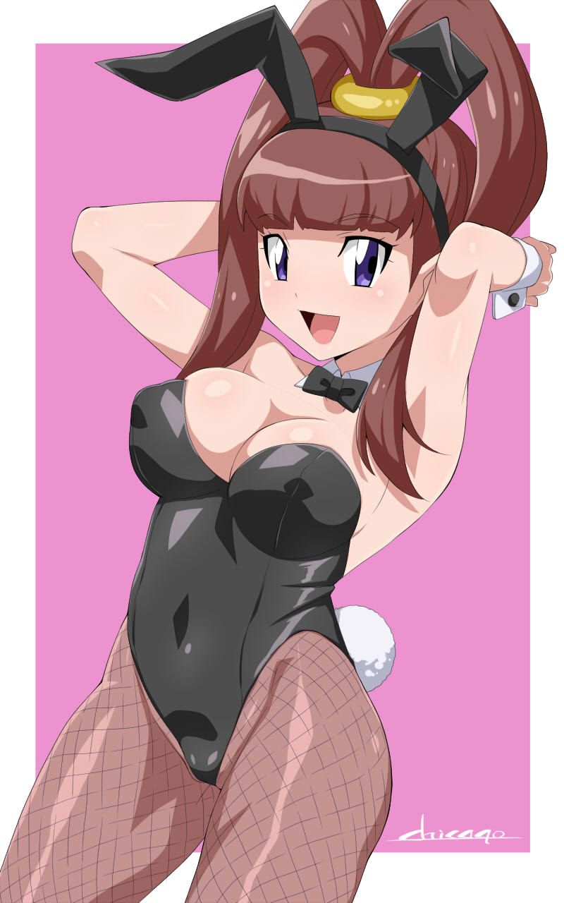 1girls 2023 armpits arms_behind_head arms_up blue_eyes breasts brown_hair bunny_ears bunny_ears_(cosmetic) bunny_tail bunnysuit chicago-x cleavage detached_collar digimon digimon_xros_wars fake_animal_ears female female_only fishnet_pantyhose human leotard looking_at_viewer neck_ribbon nene_amano pantyhose smiling smiling_at_viewer solo wrist_cuffs