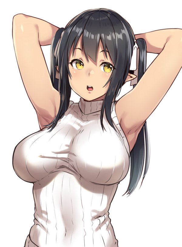 armpits arms_up black_hair breasts elf elf_(houtengeki) female female_only hair_ribbon houtengeki large_breasts long_hair open_mouth original pointy_ears ribbed_sweater ribbon shirt simple_background sleeveless solo sweater turtleneck twintails white_background yellow_eyes