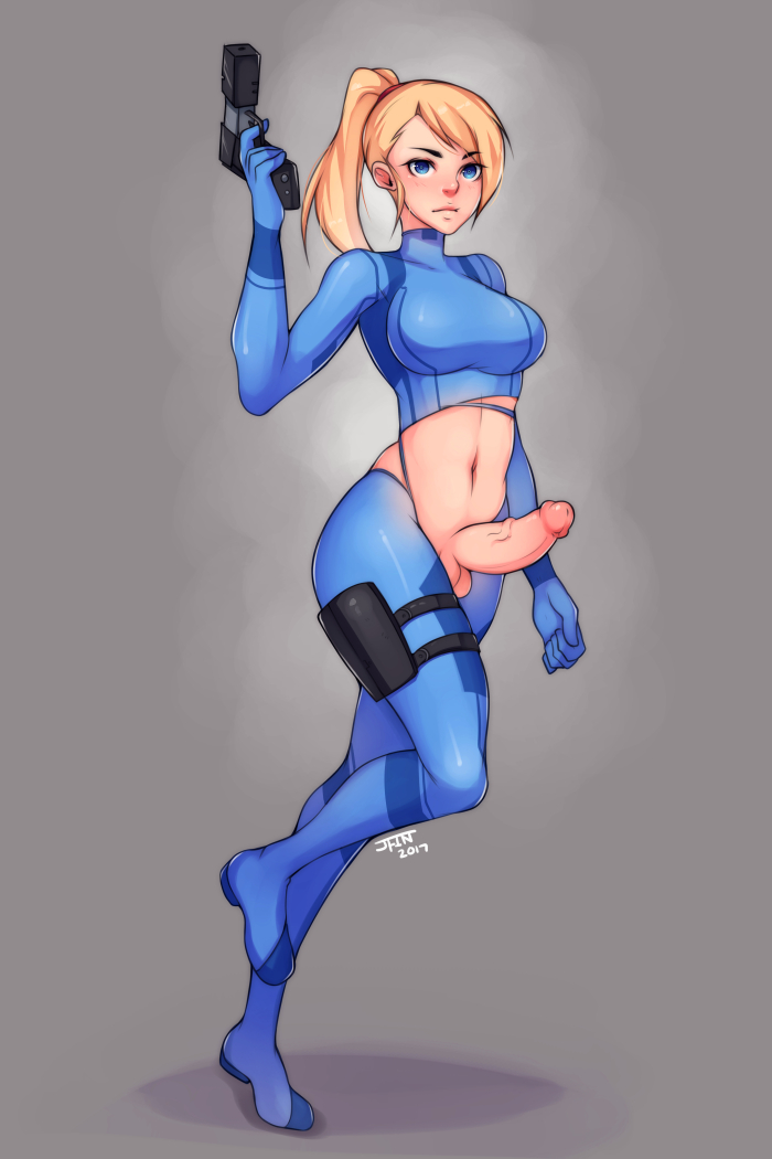 1futa balls bodysuit breasts crotchless curvy erection firearm fiveish full-length_portrait full_length futa_only futa_sans_pussy futanari gun handgun human intersex large_breasts large_penis lost_clothes metroid navel nintendo no_panties penis penis_out samus_aran skin_tight solo standing torn_clothes weapon zero_suit