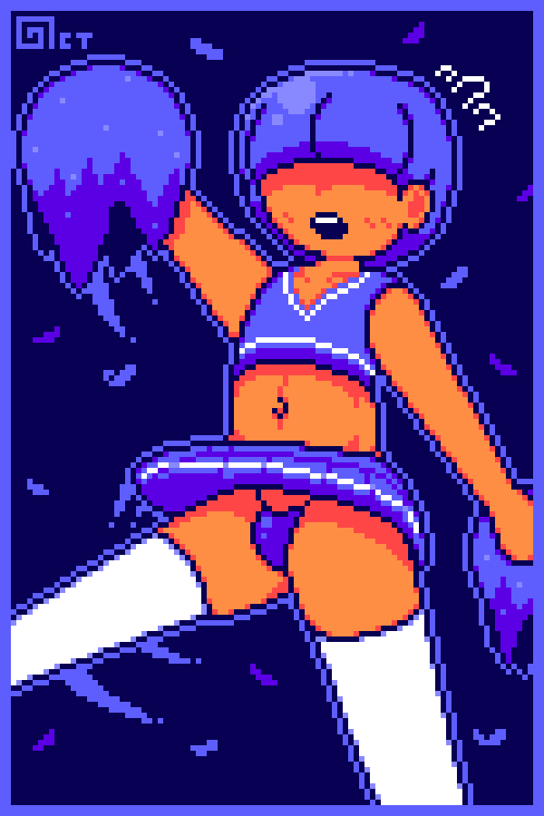 1boy accidental_exposure blue_hair bulge cheerleader cheerleader_uniform covered_eyes embarrassed exhibitionism femboy male_only navel octotron2000 pixel_art pom_poms short_hair solo solo_male telsy_(fadedjacketart) thong upskirt