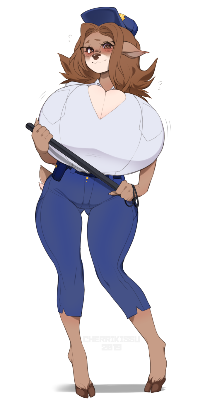 1girls 2019 anthro baton breasts brown_eyes brown_hair cervid cherrikissu clothed clothing eyewear female female_only fiona_(cherrikissu) glasses hair hi_res hooves huge_breasts hyper hyper_breasts mammal police_uniform simple_background solo uniform white_background