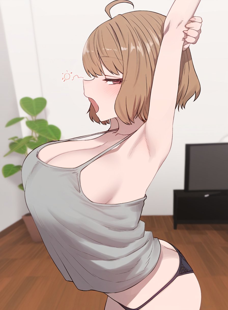 anis (nikke), armpits, arms up, ass, ass crack, big breasts, black panties, breasts, brown eyes, brown hair, butt crack, cleavage, female, goddess of victory: nikke, highres, huge breasts, hulu (artist), indoors, large breasts, looking at viewer, looking to the side, open mouth, panties, plant, seductive, shirt, short hair, sideboob, solo, stretching, tank top, television, underwear, yawning