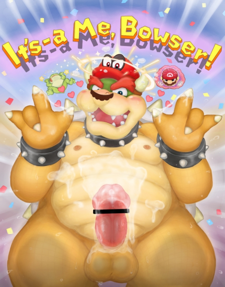 2017 amphibian anthro balls belly big_belly blue_eyes blush bowser cappy_(mario) censor_bar censored claws clothing collar confetti cum cum_on_hand cum_on_self cum_on_stomach erection facial_hair frog green_scales hat heart horn humanoid_penis koopa male male_only mario mario_(series) moustache nintendo nipples nude open_mouth penis possession presenting reptile reuben_(artist) scales scalie shirt smile solo spiked_armlet spiked_collar spikes standing super_mario_odyssey video_games yellow_scales