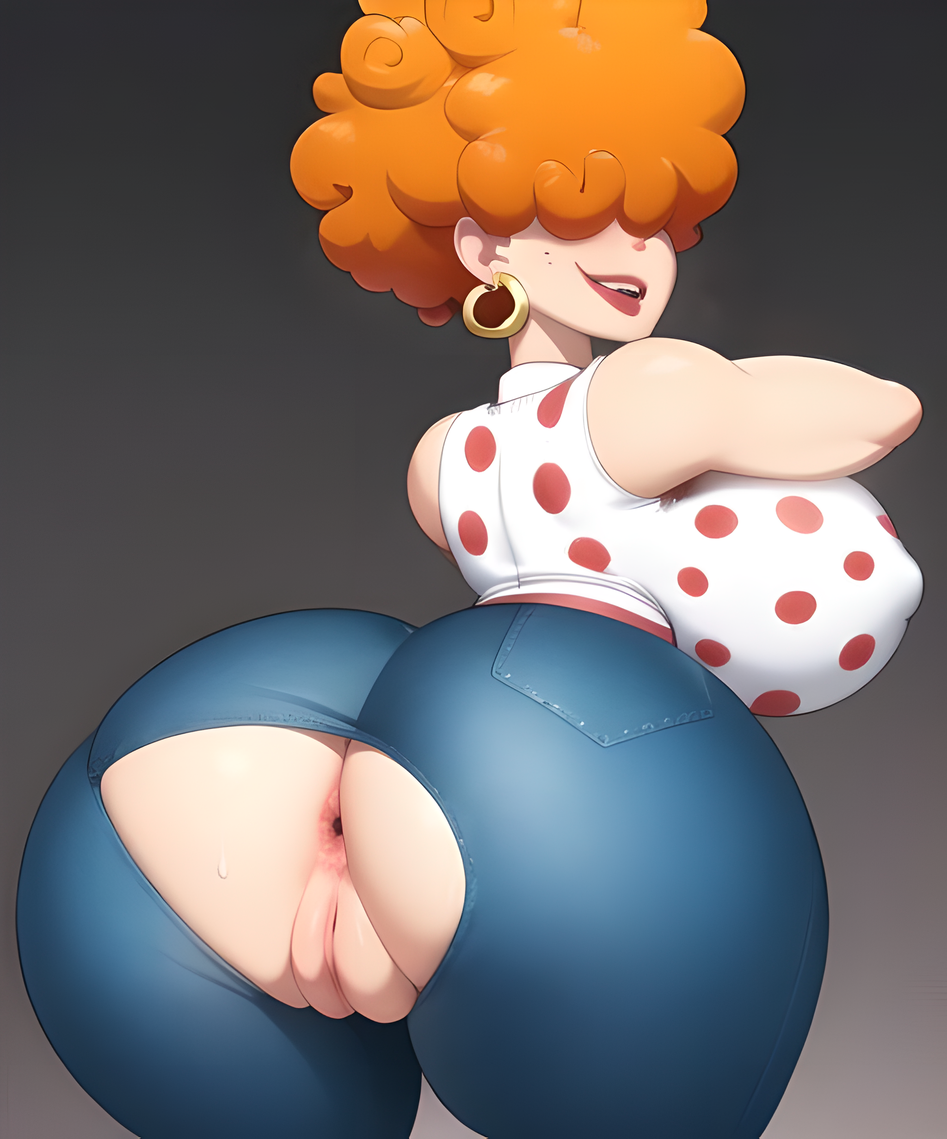 ai_generated anus big_breasts confident curly_hair denim denim_clothing denim_jeans earrings ed_edd_n_eddy eyes_covered hair_over_eyes hoop_earrings huge_ass huge_breasts lee_kanker lips looking looking_back mature_female orange_hair polka_dot presenting_anus presenting_ass puffy_pussy pussy red_head shirt small_mouth smiling solo spazzmo standing torn_clothes torn_pants vagina voluptuous