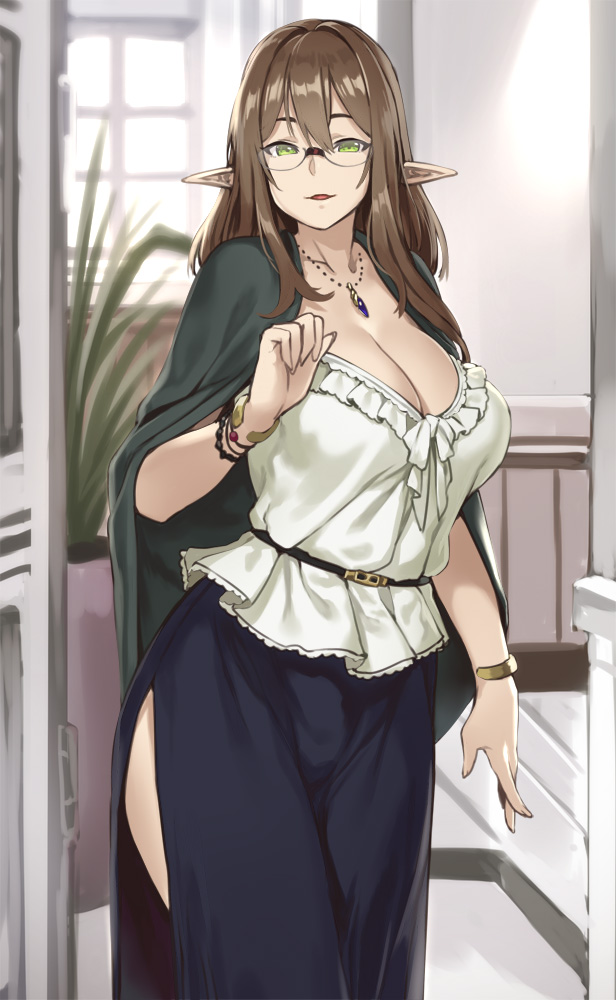 bangs beads belt blouse bracelet breasts brown_hair brown_haired_glasses_elf_(houtengeki) cape cleavage elf female female_only frills glasses green_eyes houtengeki indoors jewelry large_breasts long_hair looking_at_viewer original parted_lips pendant plant pointy_ears skirt smile solo window wristband