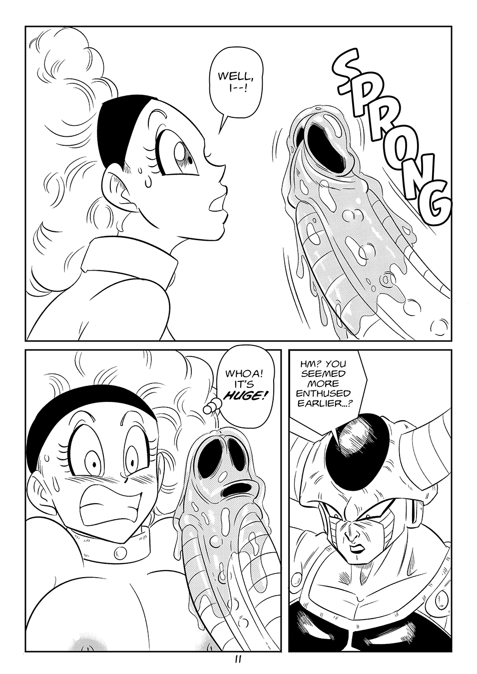 1boy 1girls afro alien areolae big_breasts big_penis black_and_white blush breasts bulma_(afro) bulma_briefs comic comic_page dragon_ball dragon_ball_z female funsexydragonball horns king_cold large_penis male male/female nipples page_11 page_number penis uncensored