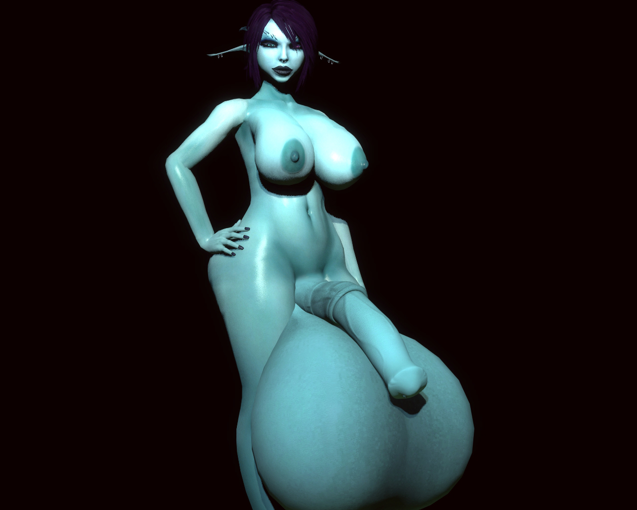 1futa, 3d, balls, black hair, blue skin, breasts, dark elf, elf, futanari, gigantic balls, gigantic testicles, horsecock, huge balls, huge cock, huge penis, huge testicles, intersex, large areolae, large breasts, nude, penis, rattledbonezone, short hair, solo futa, soria, source filmmaker, testicles, veiny penis