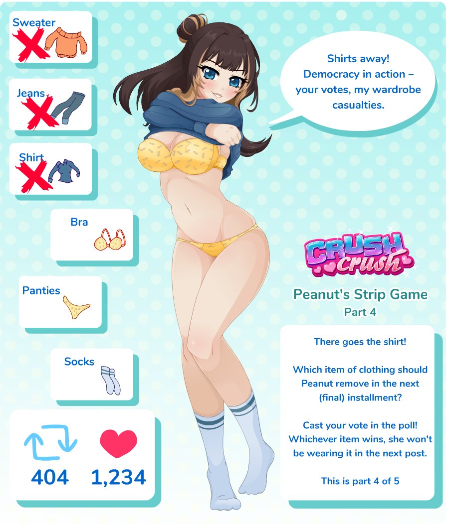 1girls accurate_art_style blue_eyes bra brown_hair copyright_logo crush_crush english_text female female_only light-skinned_female official_art panties peanut_(crush_crush) sad_panda_studios socks solo strip_game stripping