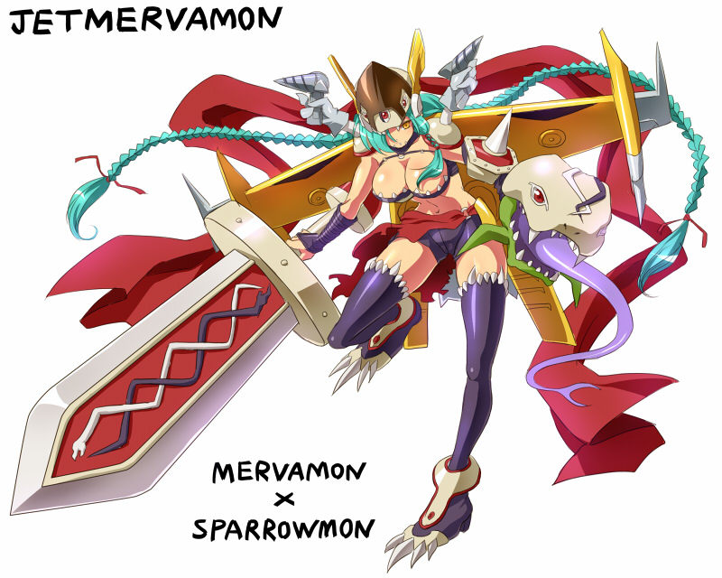 1girls amazon amazonian arai_nobu braid braided_hair digimon digimon_(species) digimon_xros_wars female female_only greatsword green_hair jetmervamon jetpack long_hair mervamon solo sword very_long_hair weapon