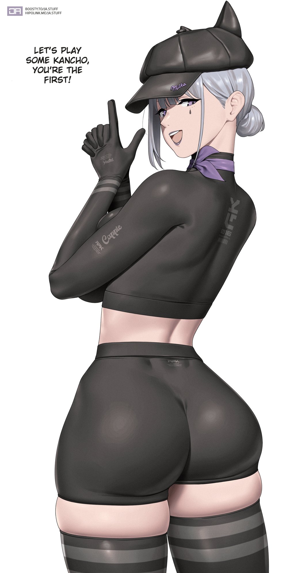 1girls athletic athletic_female big_breasts bodysuit booty_shorts bubble_butt cap cappie_(miside) crossover girls&#039;_frontline gloves goth goth_girl j_adsen miside mita_(miside) necktie purple_eyes rpk-16_(girls&#039;_frontline) silver_hair thick_ass thick_thighs thighhighs thighs v_sign