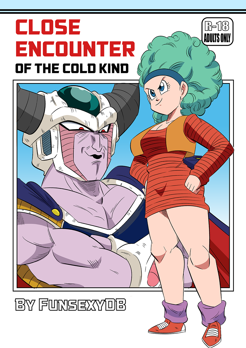 1boy 1girls 2019 afro alien artist_name blue_eyes bulma_(afro) bulma_briefs clothed clothing color colored comic comic_cover comic_page dragon_ball dragon_ball_z funsexydragonball human king_cold light-skinned_female light_skin no_sex purple_skin red_eyes turquoise_hair