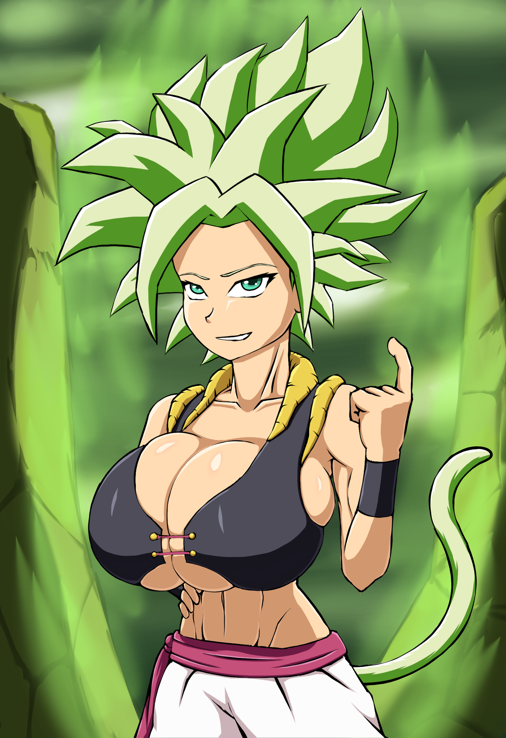 1girls, abs, alternate costume, aura, bosomancer, breasts, caule, cleavage, collarbone, dragon ball, dragon ball super, female, female only, female saiyan, fully clothed, fusion, green eyes, huge breasts, kefla, large breasts, legendary super saiyan, long hair, metamoran clothing, muscles, saiyan, saiyan tail, smiling, solo, spiked hair, super saiyan, tail, tan hair