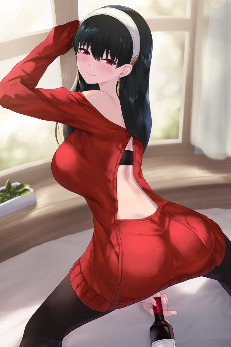 1girls, arms up, ass, black hair, blush, bottle, breasts, cait aron, closed mouth, curtains, dress, earrings, female, female only, from behind, hairband, holding, holding bottle, jewelry, large breasts, looking back, pantyhose, red eyes, red sweater, smile, solo, spy x family, sweater, sweater dress, white hairband, window, wine bottle, yor briar, yor forger