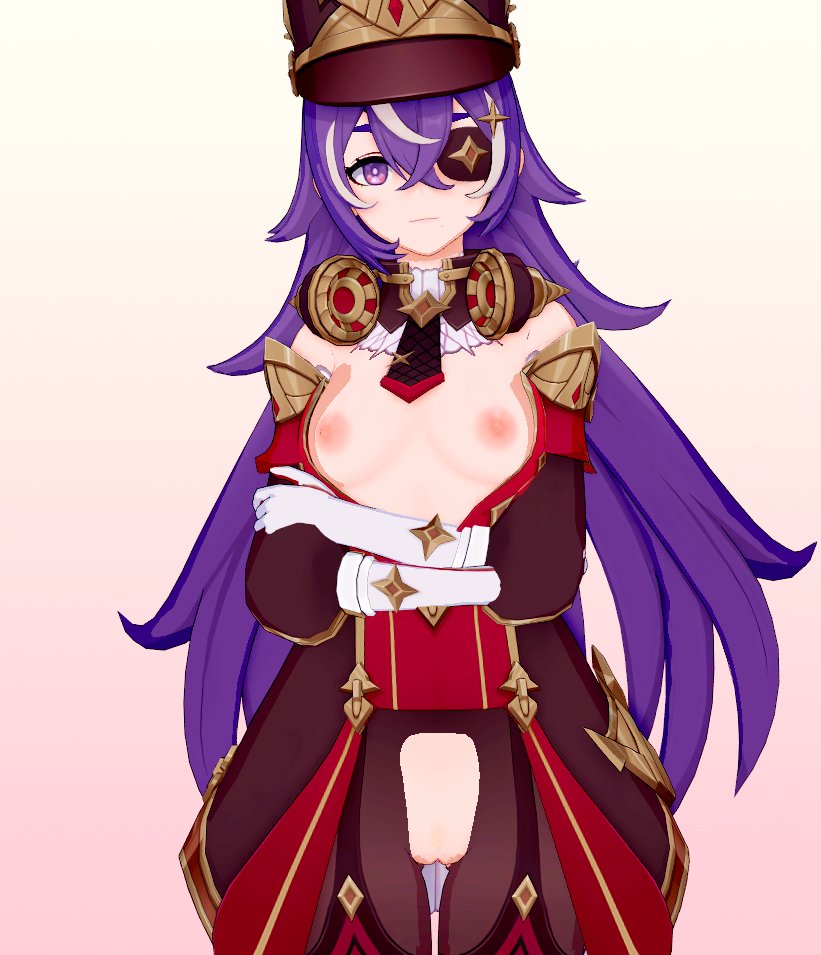 1girls 3d 3d_(artwork) breasts breasts_out breasts_outside chevreuse_(genshin_impact) crossed_arms cutout cutout_below_navel eye_patch female female_focus female_only genshin_impact hair half-dressed hat koikatsu legwear lnki35k7q6 long_hair looking_at_viewer medium_breasts nipples purple_eyes purple_hair pussy pussy_lips thick thick_thighs thigh_highs thighhighs thighs