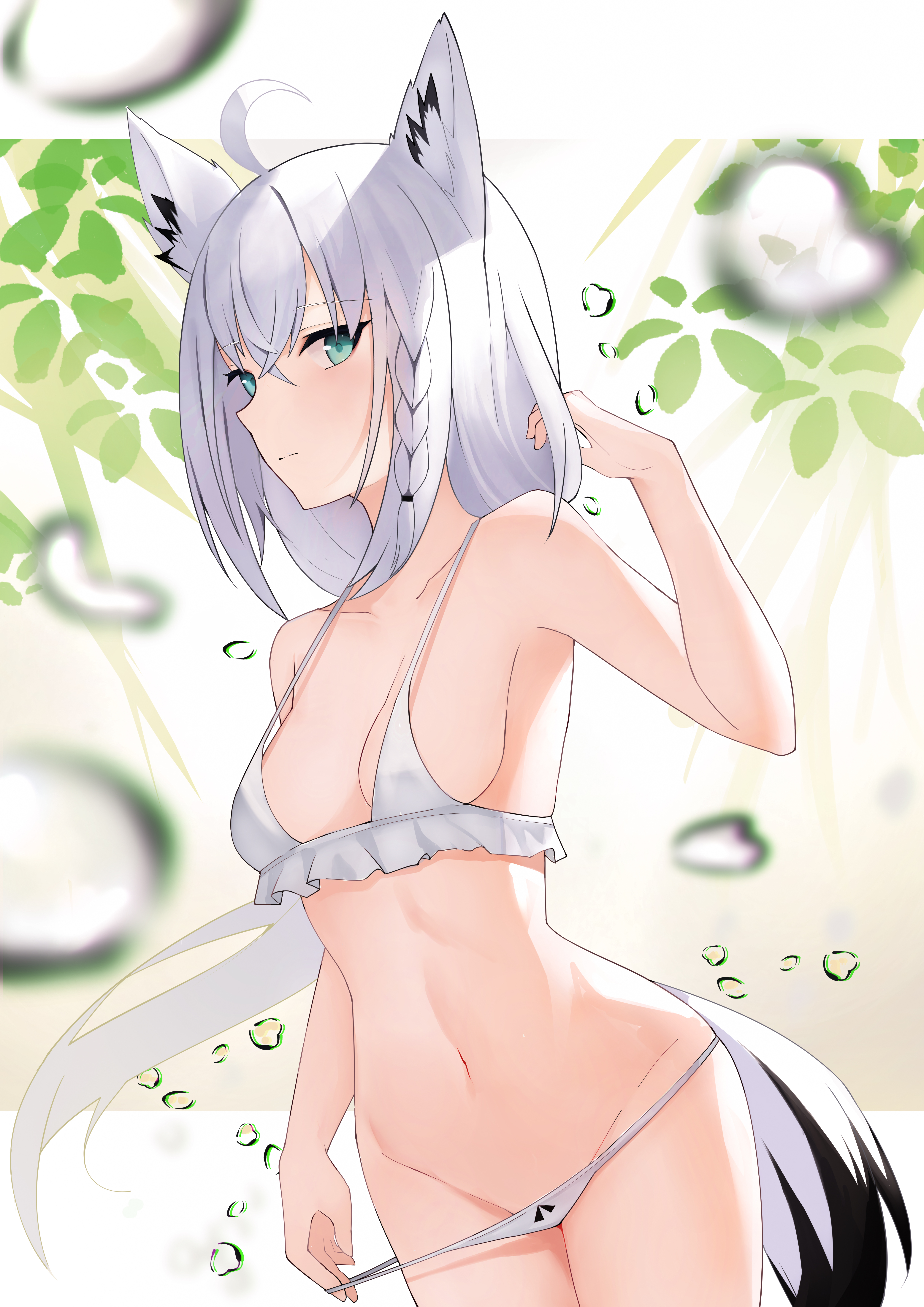 1girls, bikini, bikini pull, breasts, female, fox ears, fox girl, fox tail, hololive, hololive gamers, hololive gen 1, hololive japan, medium breasts, shirakami fubuki, solo, tagme, virtual youtuber, white bikini, white hair