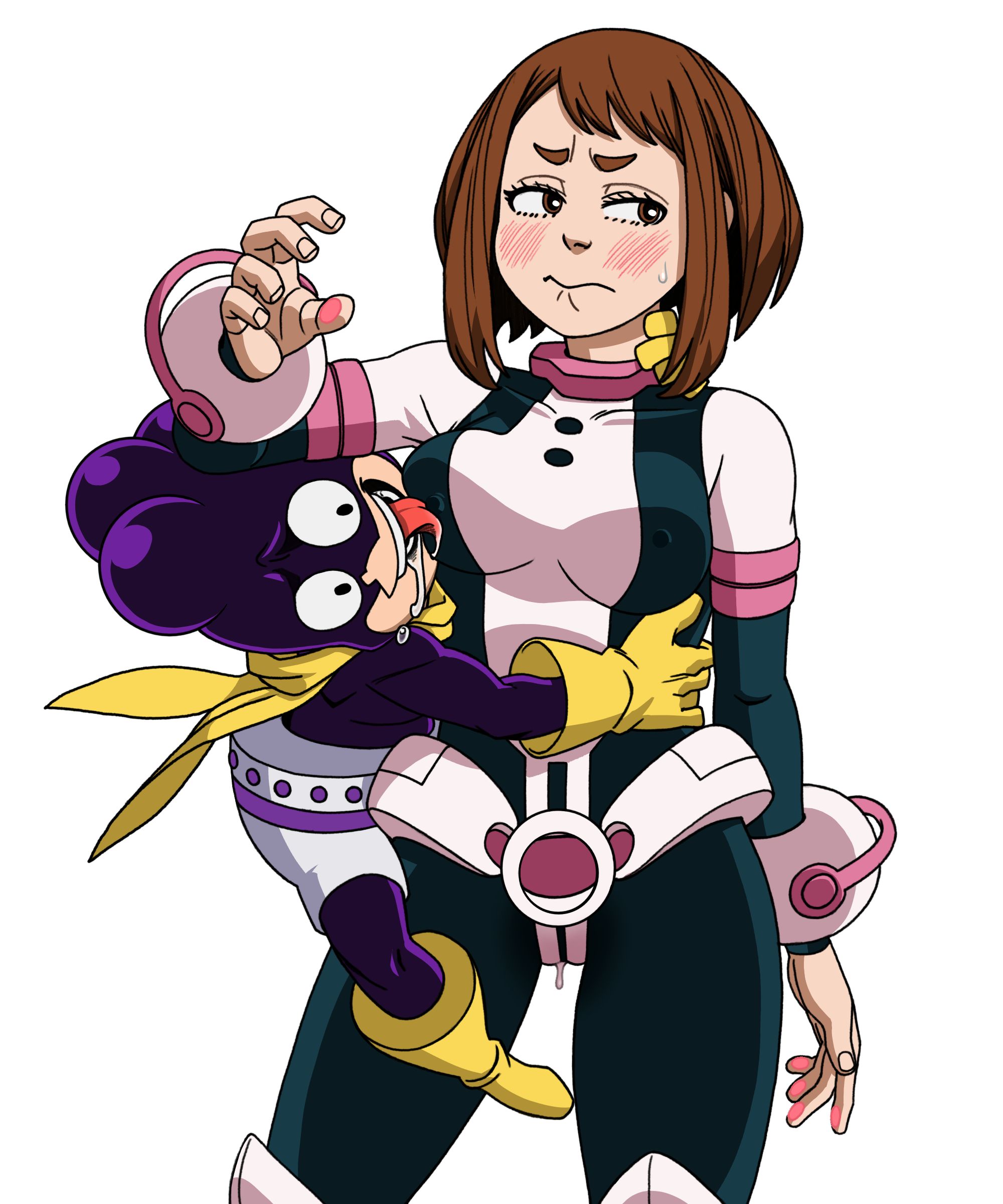 1boy, 1girls, artist request, bigger female, blush, bodysuit, breasts, brown hair, brown-haired female, drooling, embarrassed, female, female human, fully clothed, hero outfit (mha), human, licking, licking breast, licking nipple, light skin, light-skinned female, light-skinned male, male, minoru mineta, my hero academia, nipple bulge, ochako uraraka, ochako uraraka (hero outfit), pervert, pussy, pussy juice drip, saliva, size difference, smaller male, superhero, superhero costume, superheroine, teenage female, teenager, wet pussy, white background