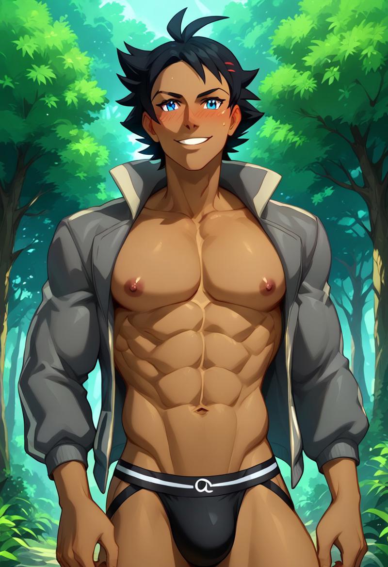 abs ai_generated black_hair blue_eyes blush gay goh_(pokemon) jockstrap jockstrap_only looking_at_viewer male male_only muscular muscular_male open_mouth pokemon pokemon_journeys smile toned_body toned_male twall97