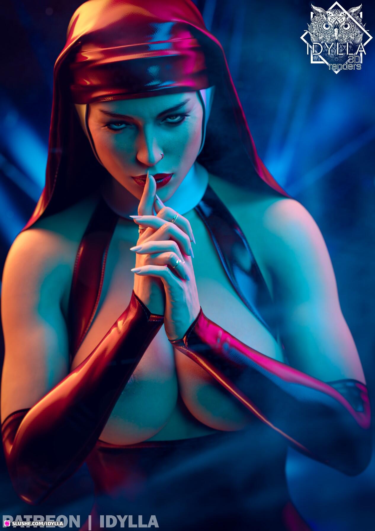 3d big_breasts breasts brown_eyes busty eyeshadow female female_focus female_only hourglass_figure idylla lara_croft lara_croft_(survivor) long_fingernails makeup nose_piercing nun nun's_habit nun_outfit nun_position piercing ring tomb_raider tomb_raider_(survivor) wide_hips