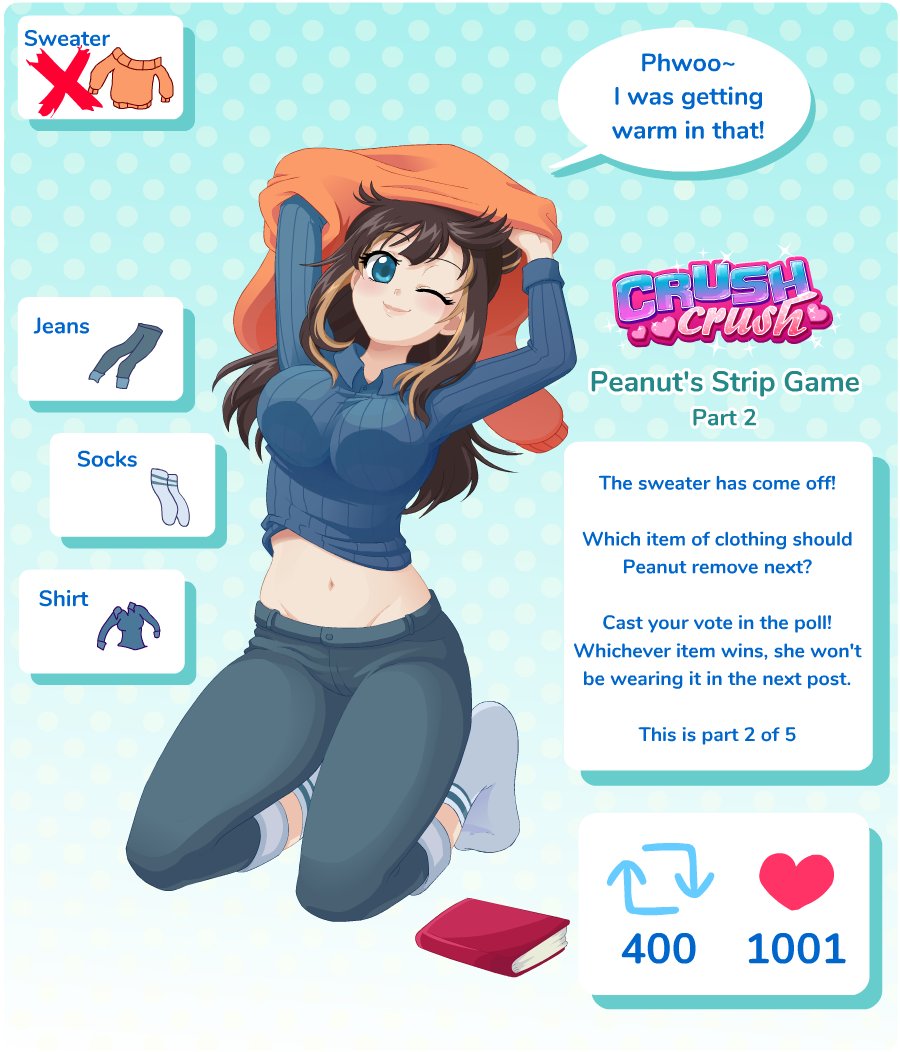 1girls accurate_art_style blue_eyes brown_hair copyright_logo crush_crush english_text female female_focus female_only jeans light-skinned_female official_art peanut_(crush_crush) sad_panda_studios socks solo strip_game stripping sweater