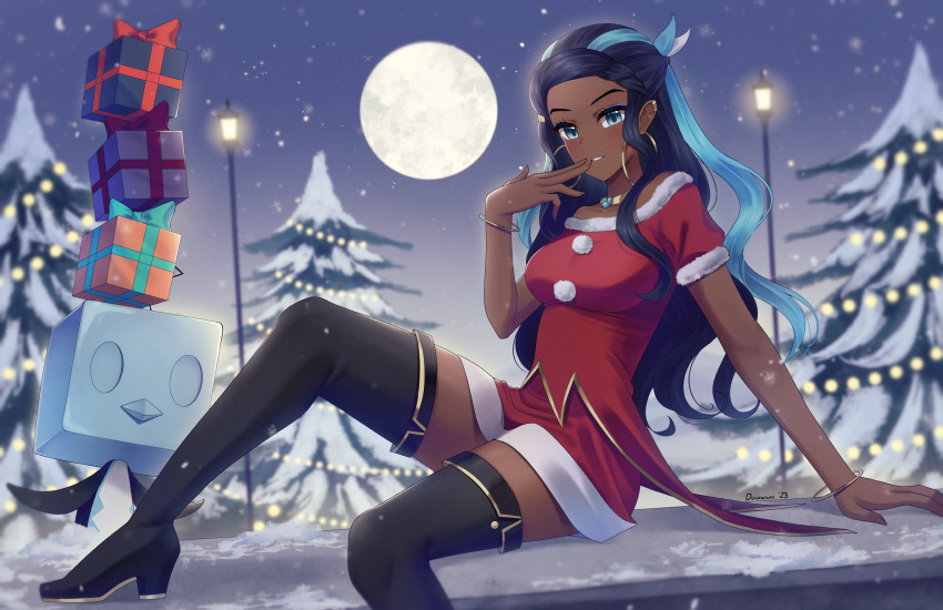 black_boots black_hair black_high-heels blue_eyes blush boots christmas christmas_clothing christmas_lights christmas_outfit christmas_tree cleavage dark-skinned_female dark_skin doiparuni ear_piercing earrings female_only footwear high_heel_boots long_hair looking_at_viewer medium_breasts nessa_(holiday_2021)_(pokemon_masters) nessa_(pokemon) pokemon pokemon_masters santa_dress snowing solo_focus thick_thighs thigh_boots thighhighs uncensored wide_hips