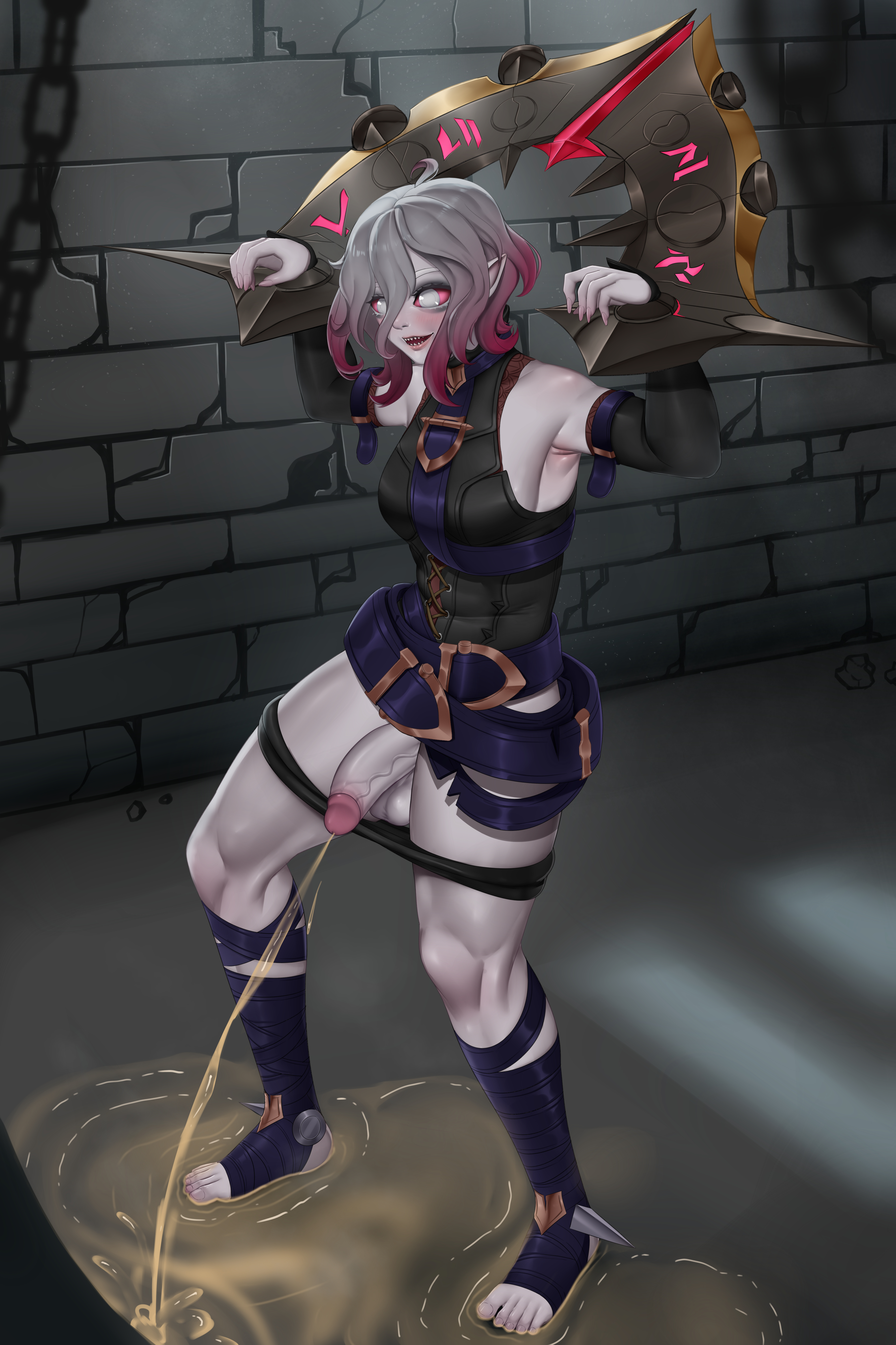1futa, balls, big balls, big hips, big penis, bottomless, breasts, briar (league of legends), clothed, clothing, female, flaccid, futa only, futanari, humanoid, humanoid penis, intersex, league of legends, mostly clothed, pale skin, pale-skinned futa, peeing, peeing on floor, penis, prisoner, red sclera, riot games, sharp teeth, solo, standing, urination, urine stream, vampire, vampire girl, white eyes, white hair, yuulis