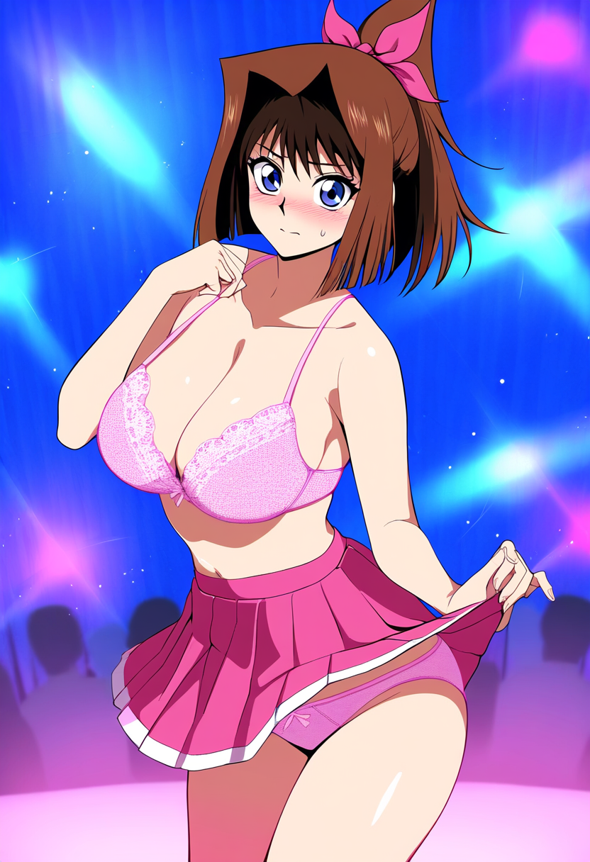 ai_generated big_ass big_butt_showing blue_eyes brown_hair crowd_watching dance_floor female flashing_panties hair_ornament large large_breasts nude panties_showing pink_bra pink_panties pink_skirt skirt_lift tea_gardner yu-gi-oh! yu-gi-oh!_duel_monsters yu-gi-oh!_the_dark_side_of_dimensions