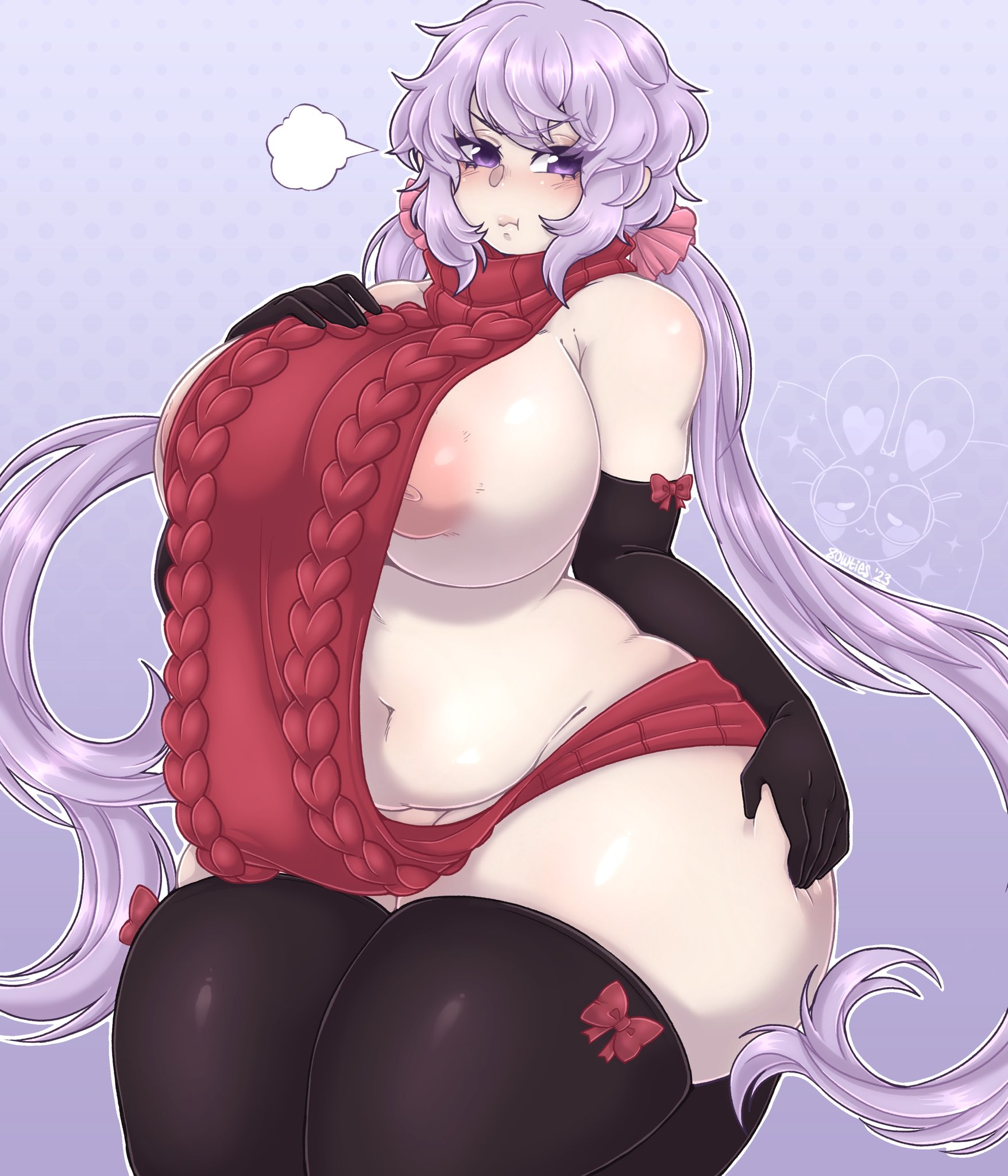 1girls, 2023, 8owties, areolae, armwear, belly, big breasts, black armwear, black thighhighs, blush, breasts, chubby, chubby female, female, female only, hi res, kneeling, long hair, looking at viewer, nipples, pout, purple eyes, purple hair, senki zesshou symphogear, skimpy, skimpy clothes, solo, sweater, thick thighs, thigh squish, thighhighs, twintails, virgin killer sweater, yukine chris