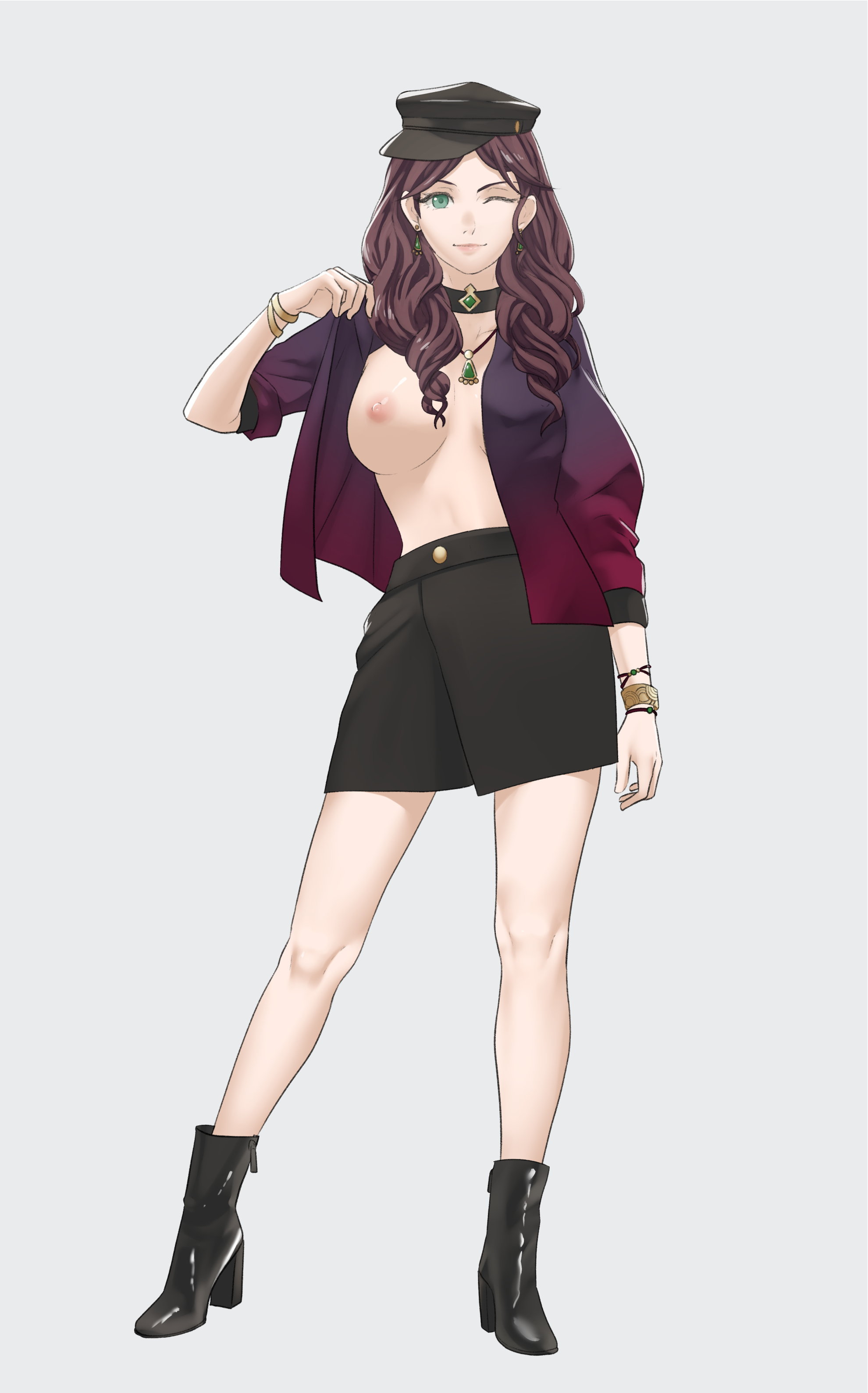 1girls, alternate costume, alternate universe, breasts, brown hair, dorothea arnault, ear piercing, earrings, female, female only, fire emblem, fire emblem: three houses, flashing, flashing breasts, green eyes, grey background, hat, intelligent systems, looking at viewer, nintendo, nipples, pomelomelon, smile, solo, wink, winking at viewer