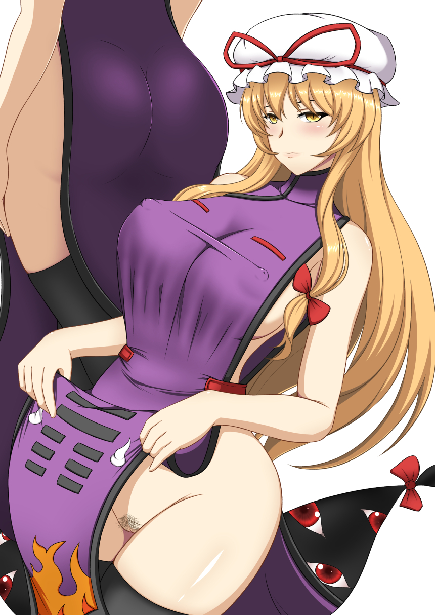 1girls 2d ass bare_shoulders big_ass big_breasts blonde_hair blonde_hair blush breasts dat_ass female flashing flashing_pussy gap hair_ribbon hat hips long_hair looking_at_viewer morikurousagi multiple_views nipple_bulge pubic_hair pussy sideboob simple_background solid_color_background solo source standing tabard tabard_lift tabard_only thighhighs thighs touhou uncensored white_background yellow_eyes yellow_hair yukari_yakumo