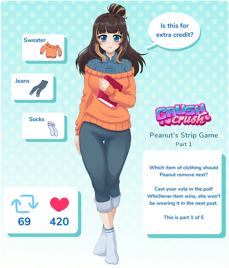 1girls accurate_art_style blue_eyes brown_hair copyright_logo crush_crush english_text female female_focus female_only jeans light-skinned_female official_art peanut_(crush_crush) sad_panda_studios socks solo strip_game sweater