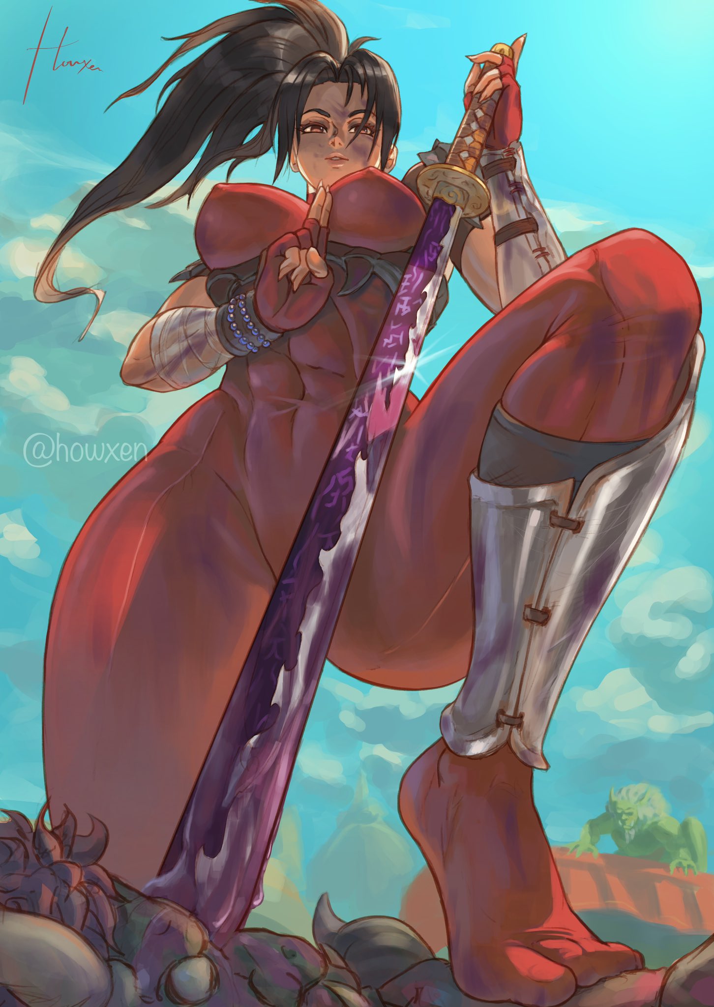 1girls 2023 asian asian_female bandai_namco black_hair bodysuit female female_only hi_res howxen katana long_hair looking_at_viewer ponytail skin_tight skin_tight_suit solo soul_calibur taki thick_thighs viewed_from_below