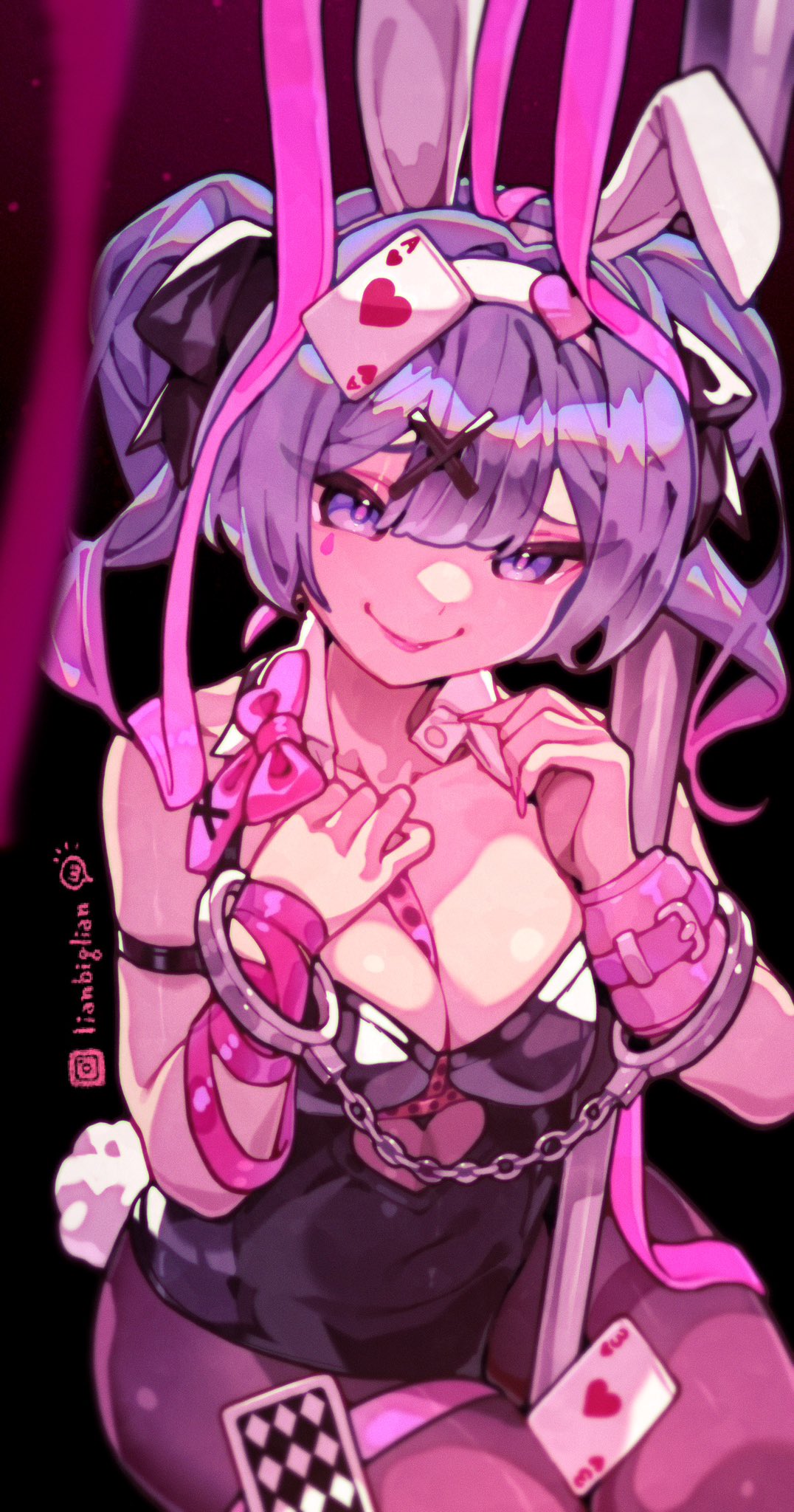 1girl, 1girls, 2024, animal ears, bangs, between breasts, black leotard, blue eyes, bondage, bow, breasts, bunny ears, bunnysuit, card, cleavage, collarbone, color, cuffs, digital media (artwork), facial markings, fake animal ears, female, hair ornament, hairclip, handcuffs, hatsune miku, heart, large breasts, latex, latex leotard, leotard, lianbiglian, long hair, looking at viewer, medium breasts, mv character, pantyhose, pink bow, pink ribbon, playboy bunny, playing card, pole, purple eyes, purple hair, rabbit ears, rabbit hole (vocaloid), rabbit tail, ribbon, sitting, smile, solo, tail, tights, twintails, vocaloid, wrist cuffs, x hair ornament