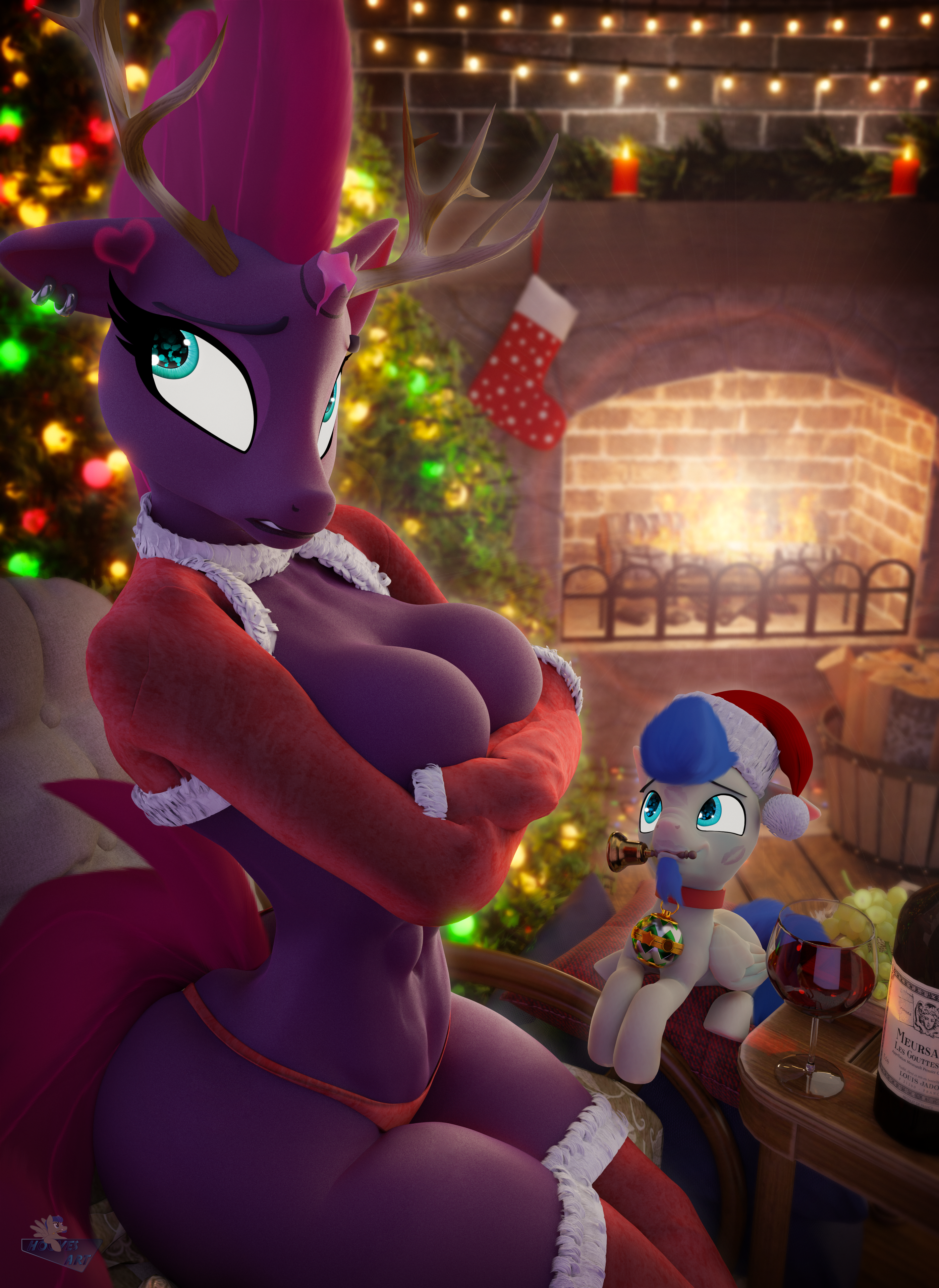 3d, absurd res, anthro, ass, bell, big breasts, biped, blue hair, breast grab, breasts, breasts out, christmas, clothed, clothing, digital media (artwork), female, feral, fireplace, friendship is magic, hair, hasbro, hi res, holidays, hooves-art, hooves-art (oc), larger female, male, my little pony, my little pony: the movie (2017), nude, nude female, panties, size difference, tempest shadow (mlp), thick thighs, thighhighs, thighs, underwear