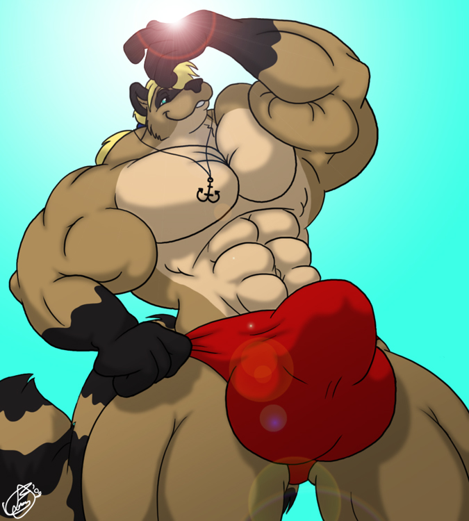 2009 anchor anthro big_biceps big_bulge big_pecs black_markings black_stripes blonde_hair blue_eyes bulge clothing digital_media_(artwork) fur hair jewelry juano looking_away low-angle_view male mammal markings muscular muscular_anthro muscular_male muscular_thighs necklace pecs pendant procyonid raccoon red_clothing red_underwear simple_background sky smile standing stripes sun tail tan_body tan_fur underwear