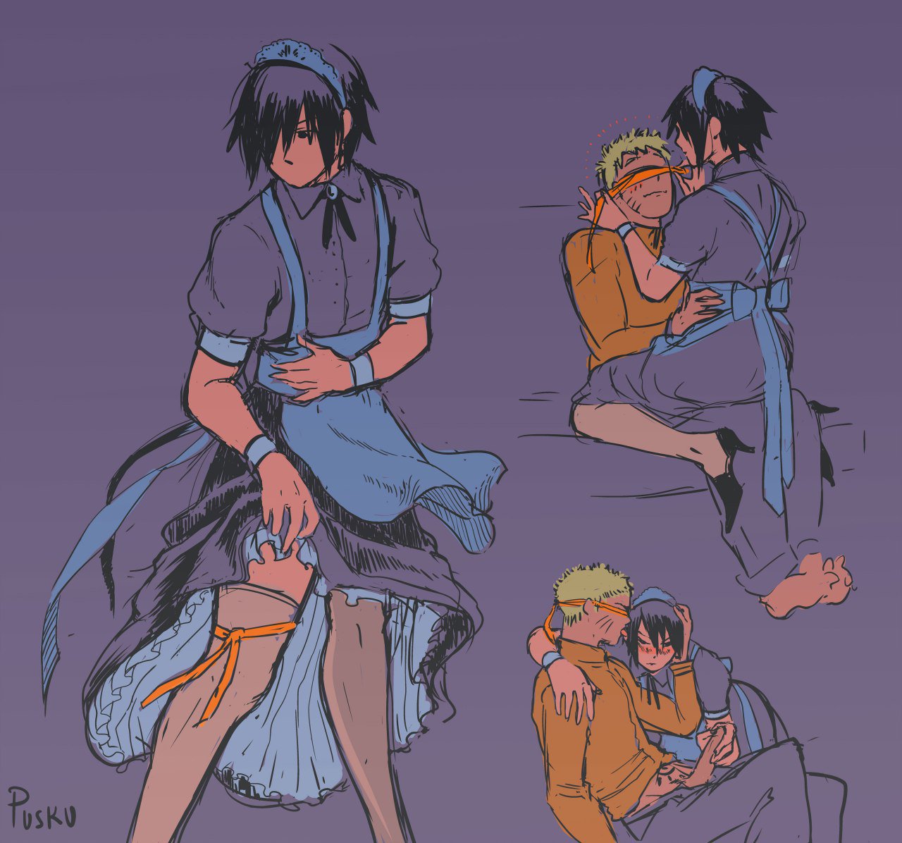 2018, 2boys, apron, barefoot, big penis, black eyes, black hair, blonde hair, blush, boruto: naruto next generations, bracelet, clothing, cowgirl position, erection, feet, female, femboy, femboy dilf, footwear, fully clothed, gay, hair over one eye, hand on head, handjob, heels, high heels, holding penis, maid, maid apron, maid headdress, maid uniform, male, male only, masturbation, mature, mature male, muscles, muscular, muscular male, naruto, naruto (series), older male, penis, puskupipi, sasuke uchiha, sissification, sissy, sitting, sitting on lap, sitting on person, stockings, thighhighs, toes, tongue, tongue out, uzumaki naruto, yaoi, yellow hair