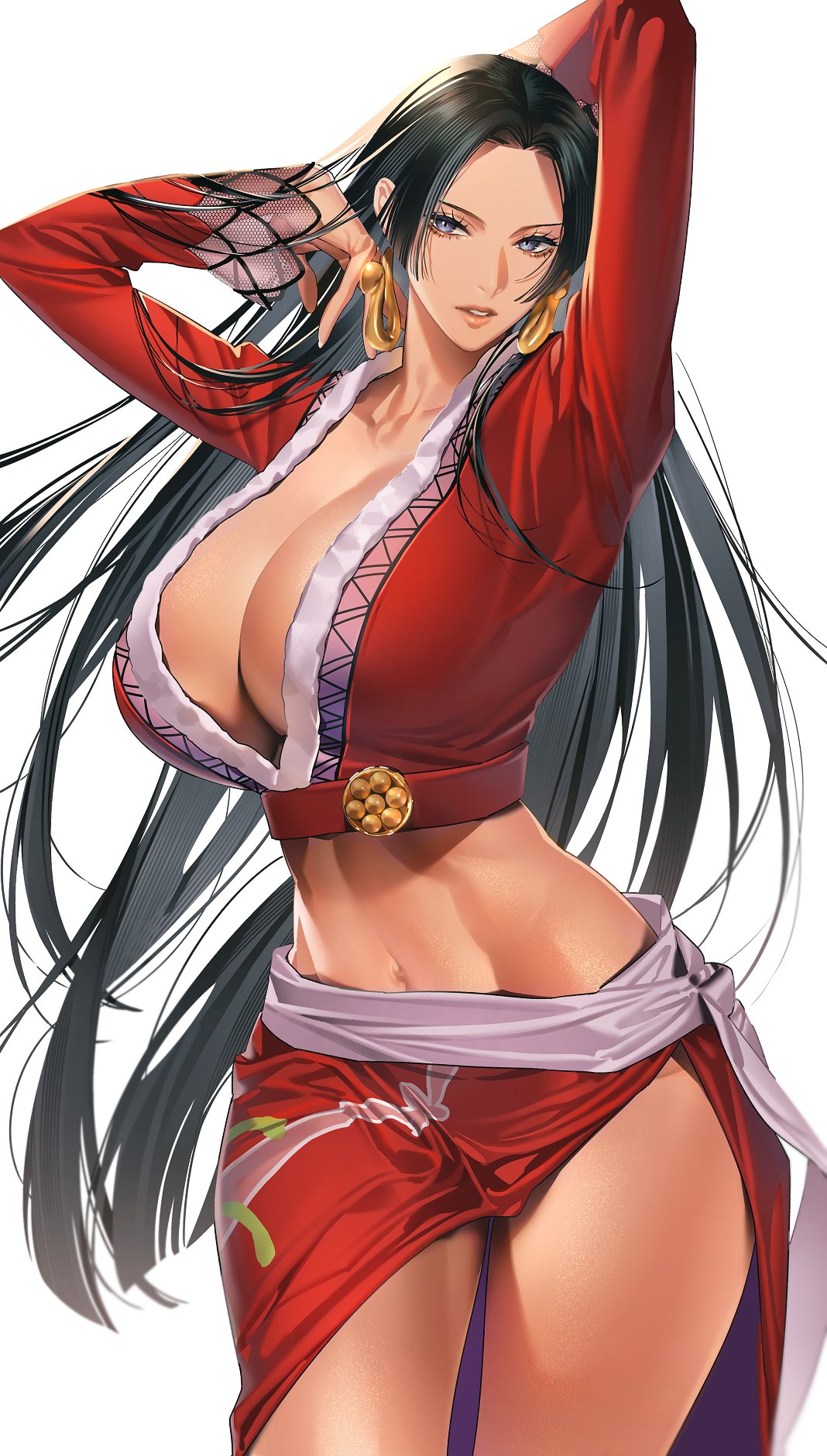 1girls arms_up belly_button big_breasts black_hair boa_hancock breasts busty cleavage curvy dress earrings female female_only huge_breasts long_hair mature_female midriff one_piece pose seductive solo tenobe thick_thighs toned toned_female voluptuous