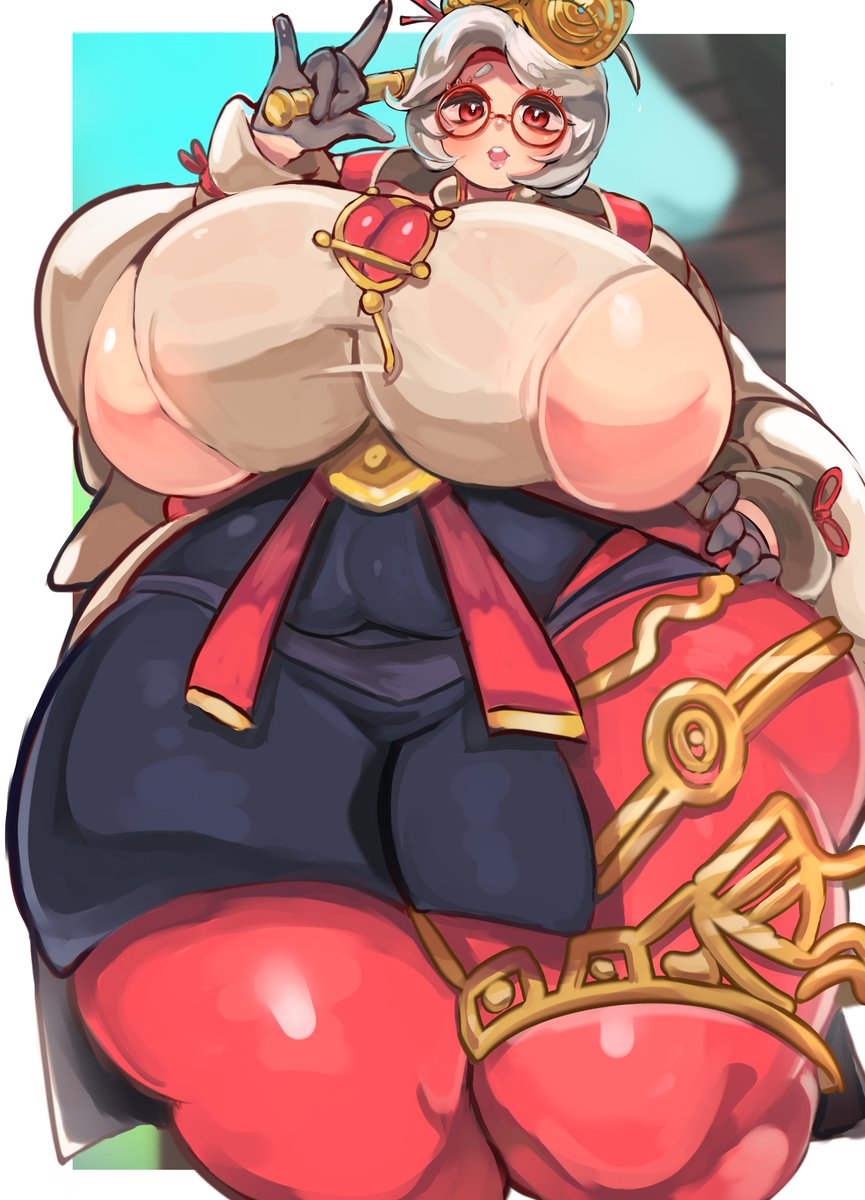 1girls, 2023, absurd res, alternate version available, breasts, curvaceous, curvy, eyebrows, female, female focus, glasses, hand on hip, huge breasts, huge thighs, jinzai 5, low-angle view, nintendo, purah, purah (tears of the kingdom), red eyes, sideboob, solo, solo female, solo focus, tears of the kingdom, the legend of zelda, thick thighs, thighs, voluptuous, white hair