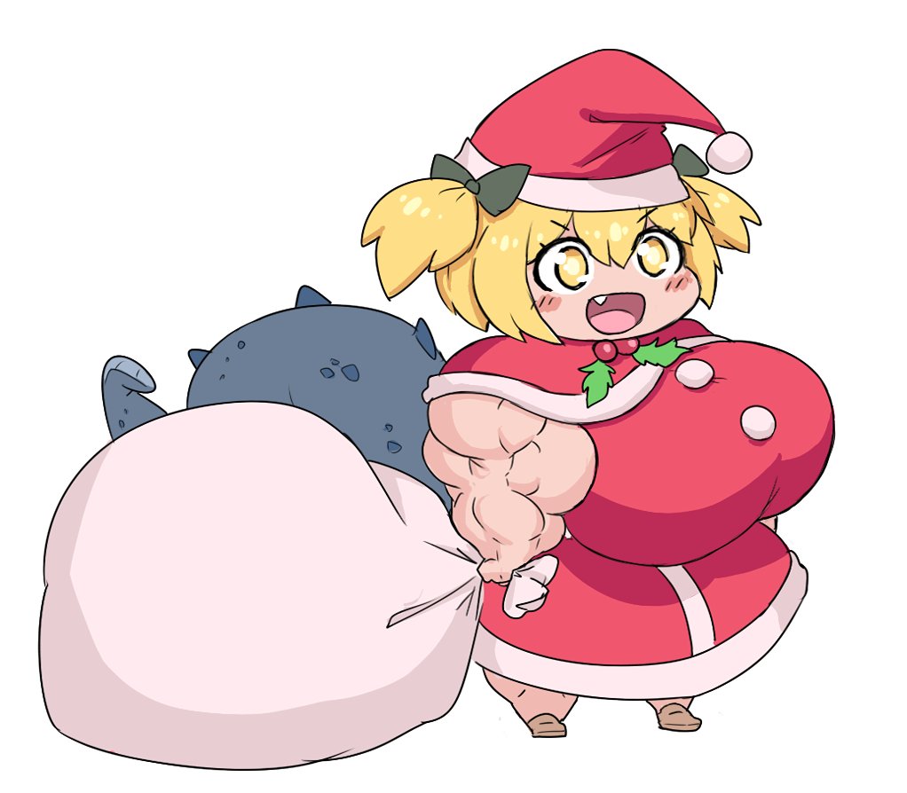 bag big_biceps big_breasts blonde_hair blush blush_lines chibi christmas_clothing muscular_female sheepapp smiling yellow_eyes