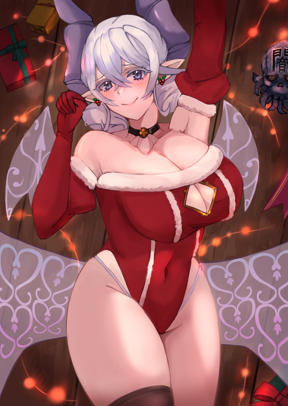 alternate_costume big_breasts demon_girl duel_monster female fullbore75 horn huge_breasts labrynth_of_the_silver_castle legwear lovely_labrynth_of_the_silver_castle santa_costume silver_eyes smile thick_legs white_hair wings yu-gi-oh!