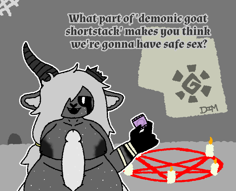 anthro bovid caprine caprine_demon condom demon dialogue dimsun duo female freckles goat_demon imminent_sex male male/female mammal sexual_barrier_device