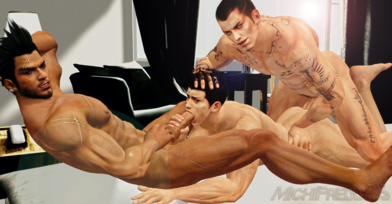 3boys 3d anal dead_or_alive diego_(doa) gay jann_lee male_focus male_only michifreddy35 muscular muscular_male rig_(doa) spitroast threesome yaoi