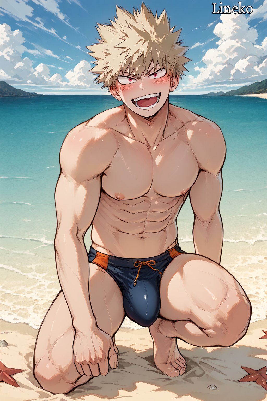 1boy, abs, ai generated, bakugou katsuki, beach, blush, blushing at viewer, blushing male, boku no hero academia, bulge, bulge under clothes, katsuki bakugou, looking at viewer, male, male only, muscles, muscular, muscular male, my hero academia, outdoors, outside, pecs, pectorals, solo, solo male, tagme, underwear