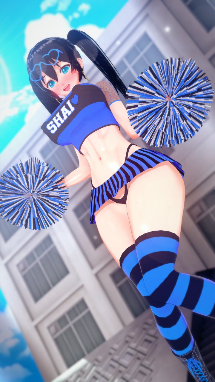 1girls 3d 3d_(artwork) 3d_model big_breasts black_hair blue_eyes blush breasts cheerleader cheerleader_uniform day latam_virtual_youtuber long_hair nipples nipples_visible_through_clothing outdoors panties public school shai_zoe shaizoe_ shaizoe_(character) shaizoe_(female) socks solo_female tagme thighs twintails upskirt virtual_youtuber vtuber vtuberfanart