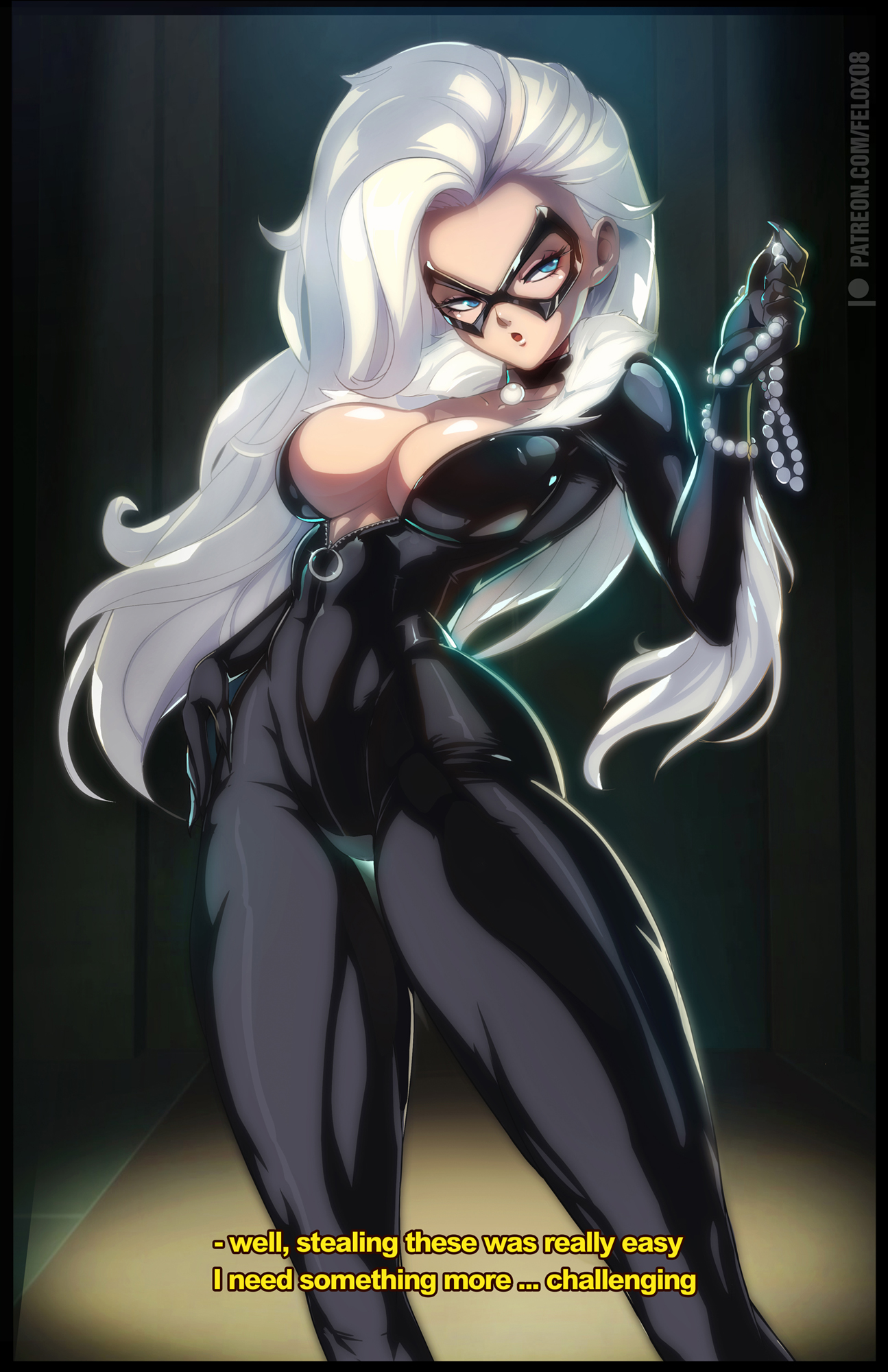 1girls, big breasts, black cat (marvel), blue eyes, breasts, clothed, clothing, collar, color, felicia hardy, felox08, female, female focus, female only, hi res, inner sideboob, jewelry, light skin, light-skinned female, long hair, marvel, marvel comics, mask, solo, solo female, spider-man (series), thick thighs, thief, white hair