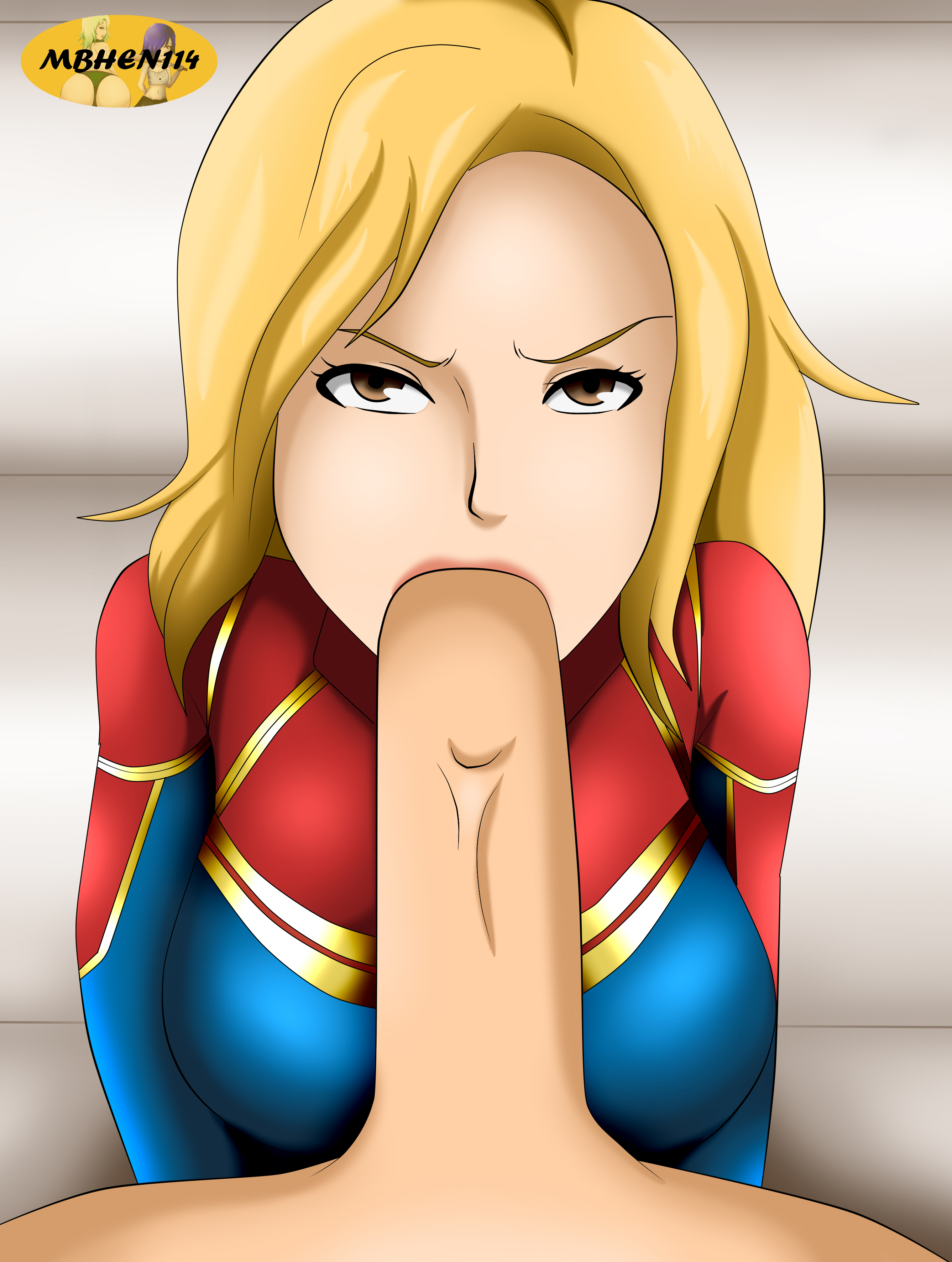 1boy, 1girls, blonde hair, brown eyes, captain marvel, carol danvers, clothing, duo, fellatio, female, hair, long hair, male, marvel, marvel cinematic universe, marvel comics, mbhen114, oral, penis, straight, sucking, uniform, watermark