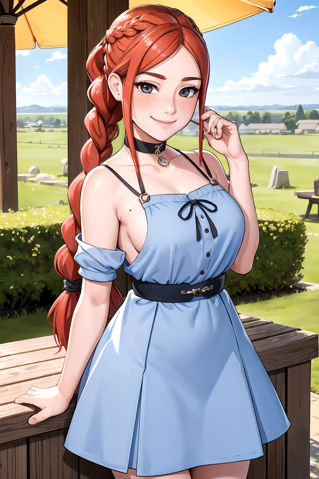 ai_generated bare_shoulders belt braided_ponytail cassie_(paladins) chocker closed_mouth cloudy_sky dress female freckles large_breasts looking_at_viewer mole outdoors paladins smile solo stable_diffusion