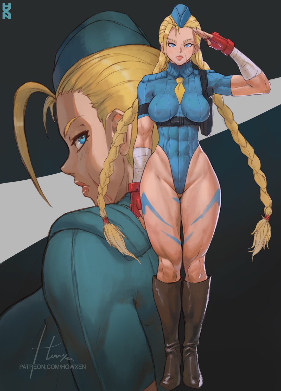 1girls 2023 alternate_costume blonde_hair blue_eyes boots cammy_white capcom female female_only hi_res howxen leotard long_hair looking_at_viewer salute scar scar_on_face solo street_fighter street_fighter_alpha twintails