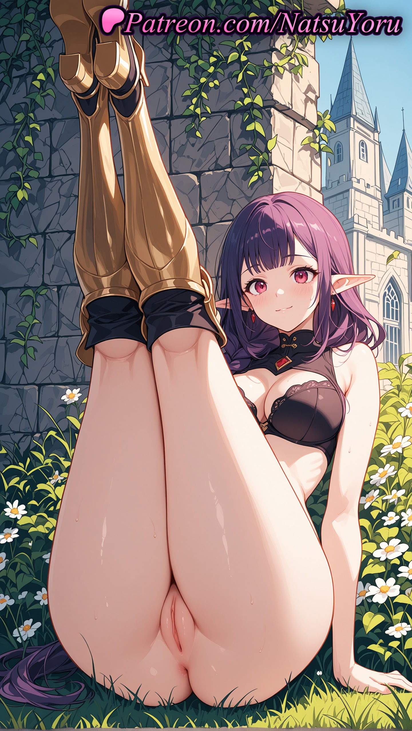 1girls, 2025, ai generated, anus, ass, bangs, boots, bottomless, bra, braid, breasts, castle, closed mouth, clothing cutout, earrings, elf, elf ears, esil radiru, female, flower, hi res, high heels, highres, jewelry, juicy butt, kneepits, labia, labia majora, legs together, legs up, long hair, looking at viewer, natsuyoru, outdoors, patreon, pointed ears, pointy ears, purple eyes, purple hair, pussy, red eyes, sitting, smile, solo, solo leveling, thighs, uncensored, underwear, vagina, voluptuous, voluptuous female