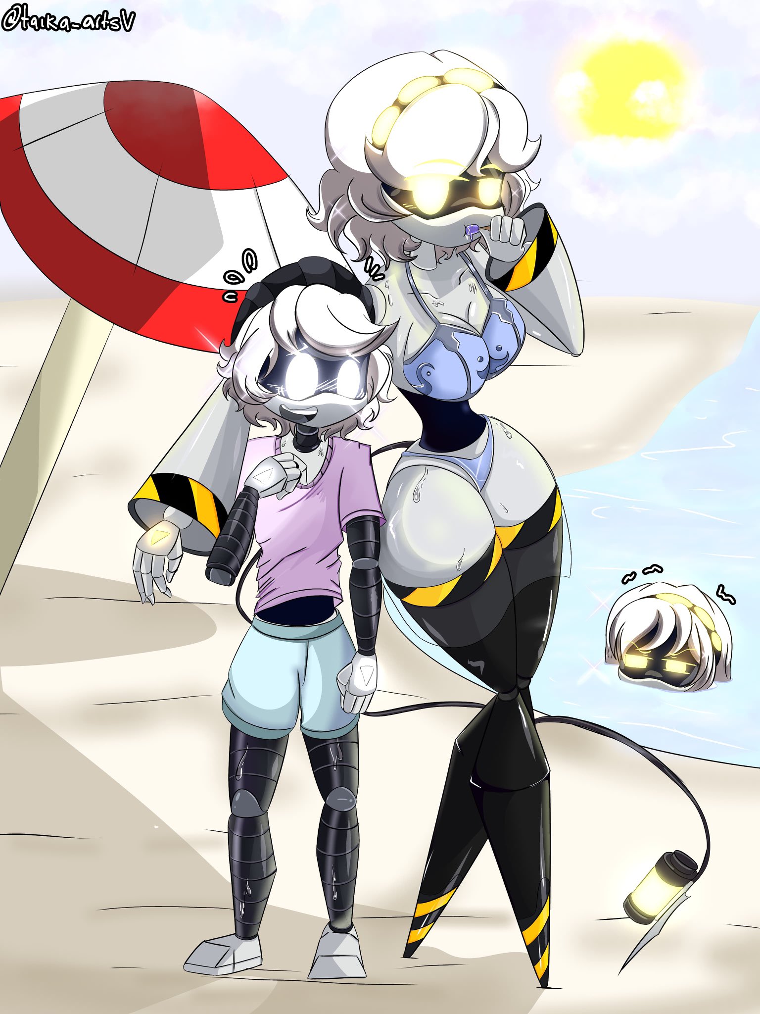 1boy, 2girls, artist name, artist signature, beach, bikini, breasts, curvy, curvy female, curvy figure, curvy hips, envy (murder drones), female, glitch productions, hips, j (murder drones), male, murder drones, n (murder drones), n worker drone, ocean, outside, robot, robot boy, robot girl, robot humanoid, sand, shorter male, silver hair, sun, sunlight, swimsuit, swimwear, taika artsv, taller female, thick thighs, thighs, umbrella, v (murder drones), water, wet, white eyes, yellow eyes