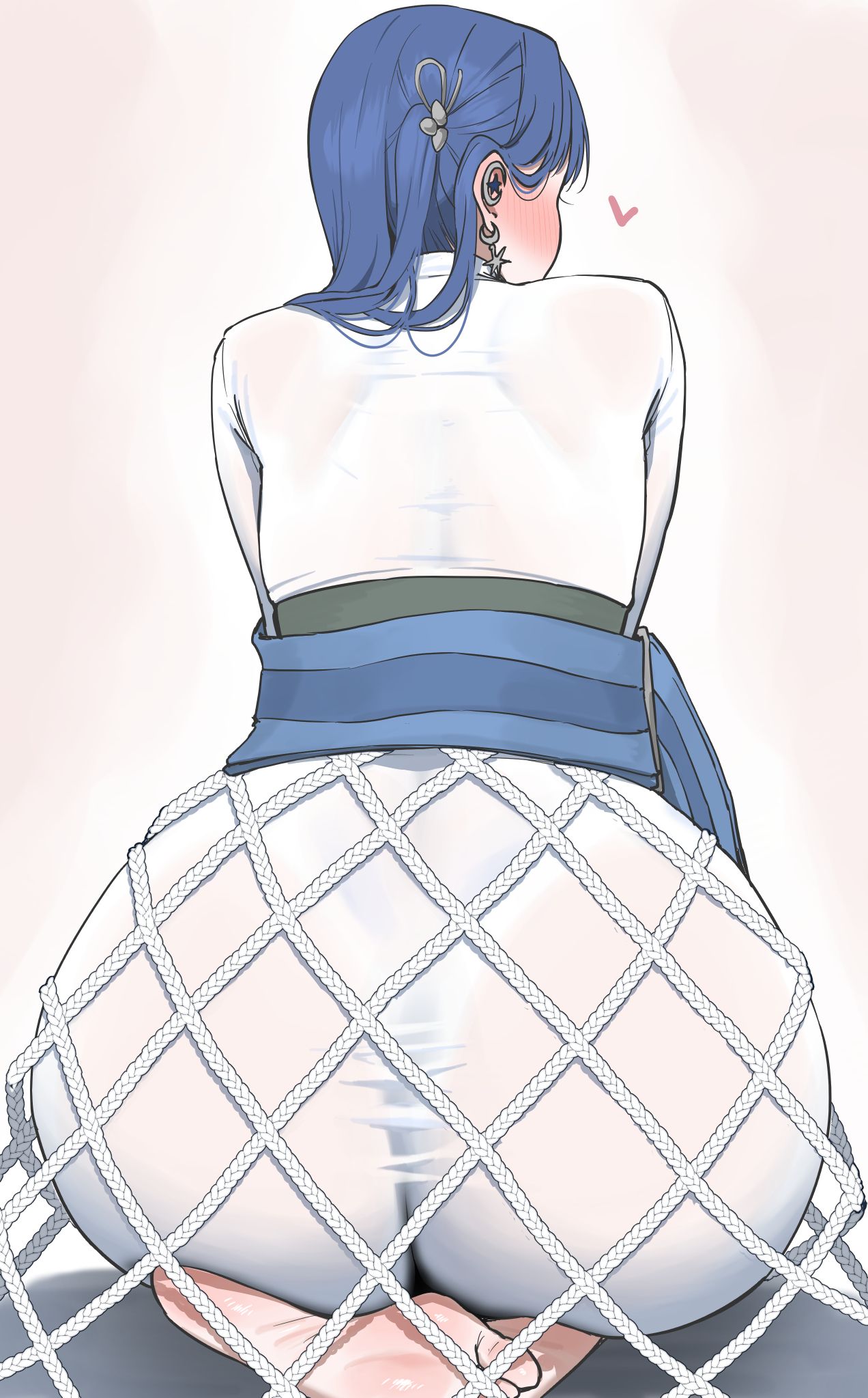 1girls, amano don, arcana (nikke), ass, barefoot, blue hair, blush, commentary request, earrings, female, female only, from behind, hair ornament, highres, jewelry, kneeling, long sleeves, simple background, soles, solo